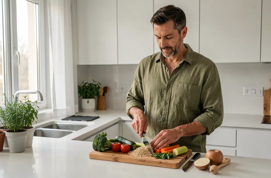 Homme préparant un repas sain en cuisine pour soutenir son régime en réduisant le stress