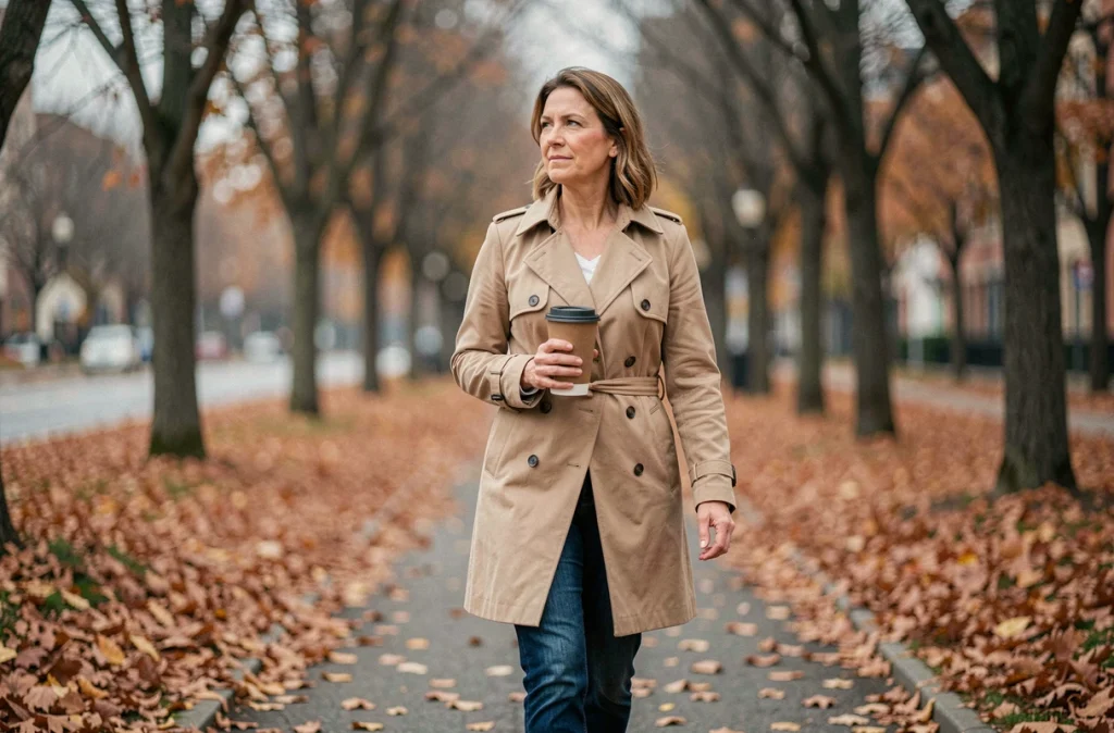 Femme se promenant dans un parc en automne pour soulager le stress et favoriser la réussite de son régime
