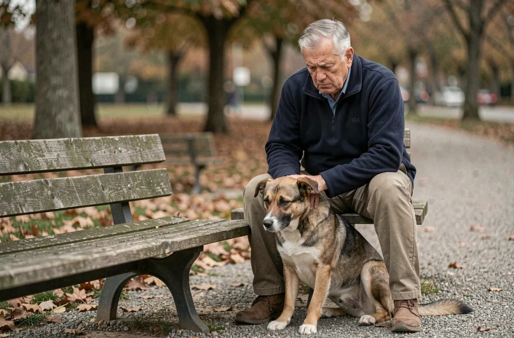 Propriétaire inquiet dans un parc observant son chien apathique, symptôme pouvant indiquer une tumeur de la rate