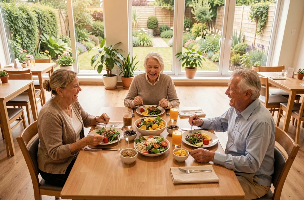 Groupe de personnes âgées partageant un repas équilibré et convivial dans une résidence senior, soulignant l'importance de la nutrition collective pour prévenir la dénutrition