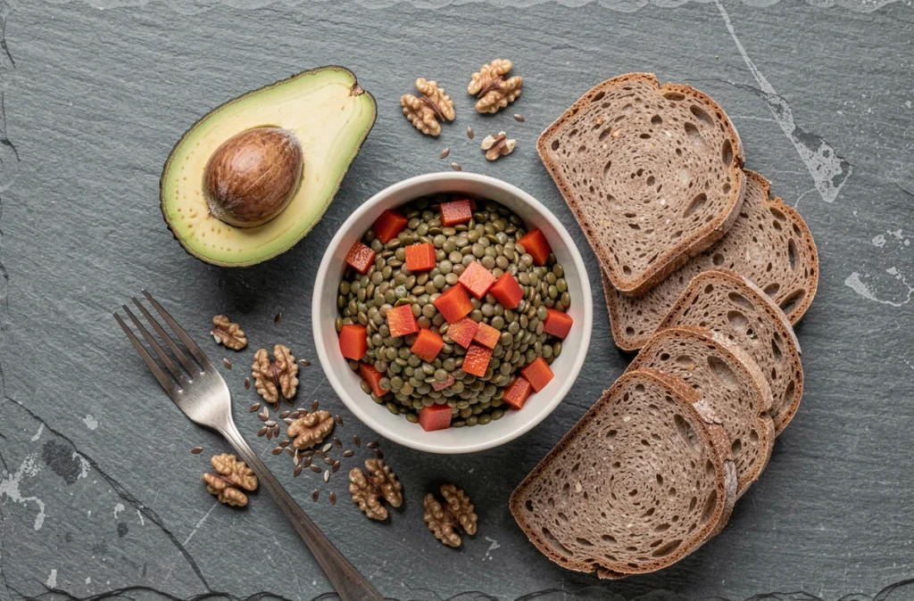 Plateau repas riche en fibres alimentaires avec avocat, salade de lentilles, pain complet et graines pour une satiété durable