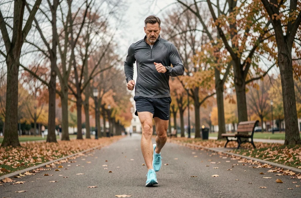 Sportif reprenant la course à pied prudemment dans un parc urbain après une bursite du talon d'Achille