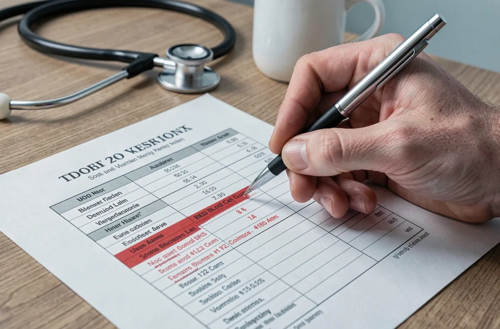 Résultats d'analyse sanguine montrant un taux d'hématies élevé examinés par un professionnel de santé