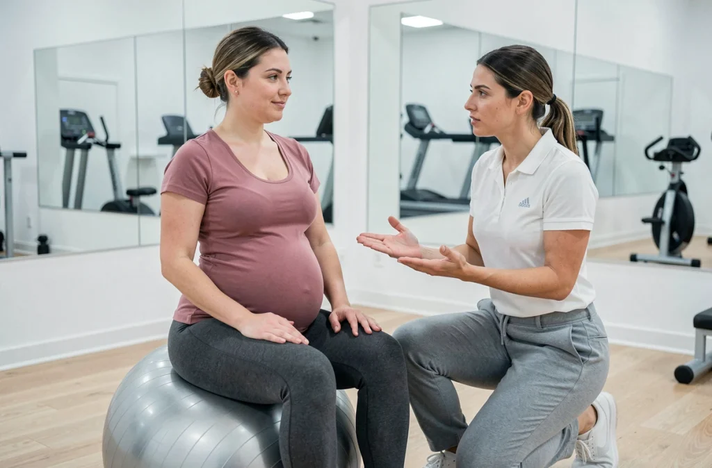 Femme enceinte en séance individuelle avec une coach sportive prénatale dans une salle de sport moderne, assise sur un ballon de stabilité