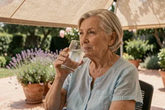 Une femme âgée assise à l'ombre sur une terrasse boit un grand verre d'eau fraîche pour se protéger de la canicule