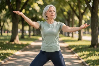Femme senior pratiquant le tai chi en plein air dans un parc verdoyant pour améliorer son équilibre et sa mobilité