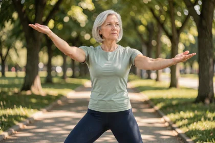Femme senior pratiquant le tai chi en plein air dans un parc verdoyant pour améliorer son équilibre et sa mobilité