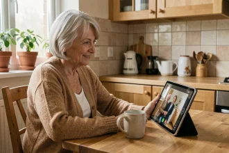 Une femme âgée souriante en visio avec sa famille sur une tablette dans une cuisine chaleureuse, illustrant les solutions numériques contre l'isolement des seniors