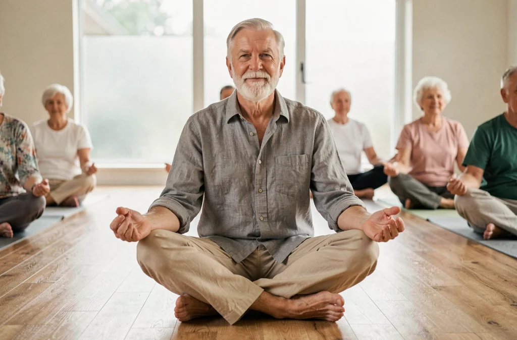 Senior homme en cours de yoga doux dans un centre de bien-être communautaire pour améliorer la mobilité et la flexibilité