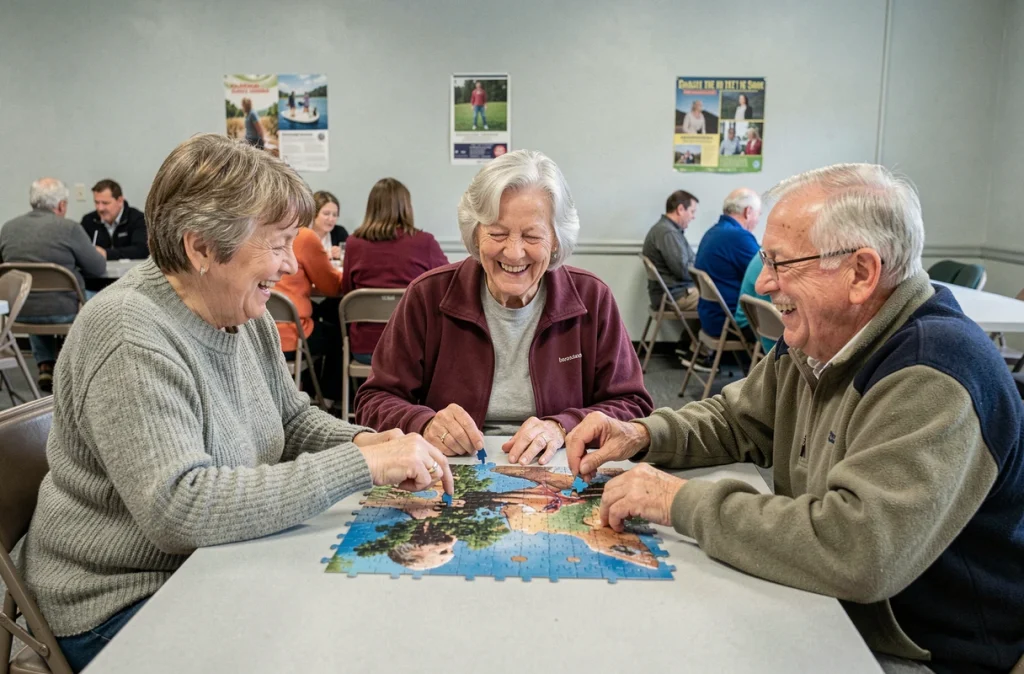 Groupe de personnes âgées jouant à un puzzle ensemble dans un centre communautaire, représentant les activités collectives pour rompre l'isolement social des seniors