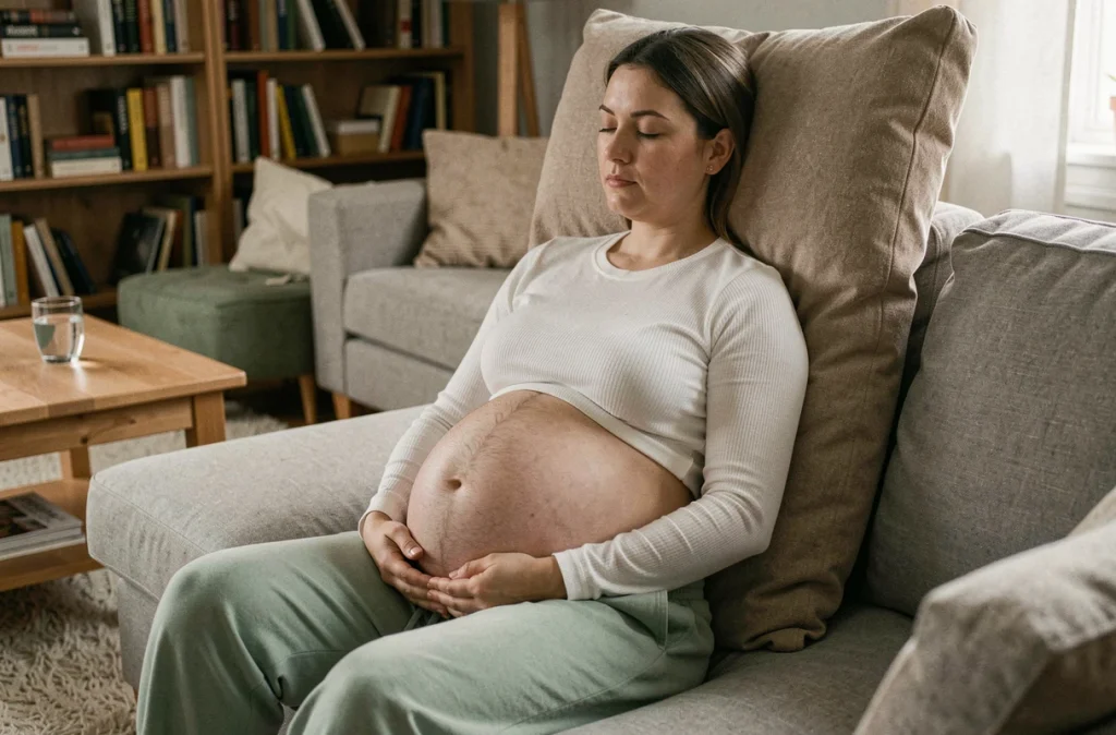 Femme enceinte du deuxième trimestre se reposant sur un coussin de corps dans le salon, position assise confortable pour le sommeil en cours de grossesse