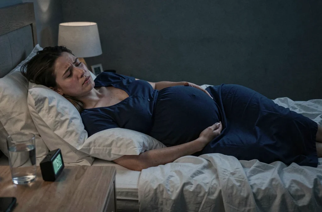Femme enceinte du troisième trimestre allongée sur le côté gauche avec un coussin de grossesse, illustrant les difficultés du sommeil en fin de grossesse