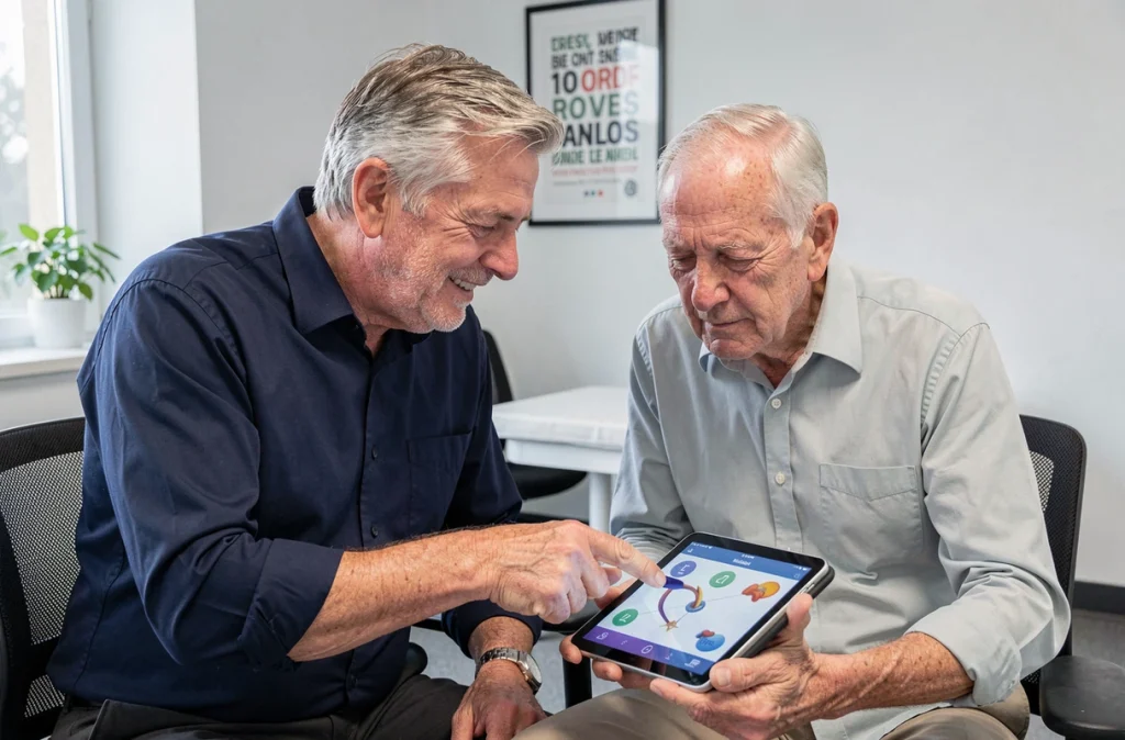 Thérapeute guidant un senior lors d'une séance d'exercice cognitif sur tablette numérique dans une clinique moderne de réhabilitation
