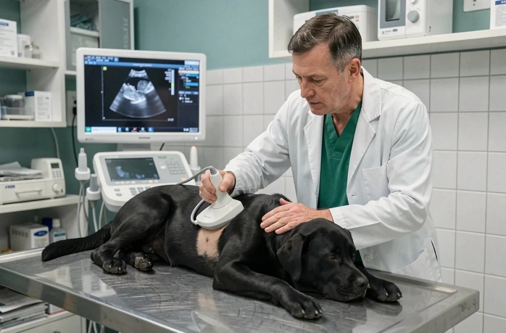 Vétérinaire réalisant une échographie abdominale sur un labrador noir pour diagnostiquer une tumeur de la rate