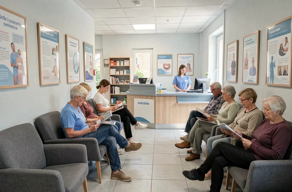 Salle d'attente organisée du Centre Mutualiste de Santé Dentaire avec des patients assis et une réceptionniste en uniforme bleu