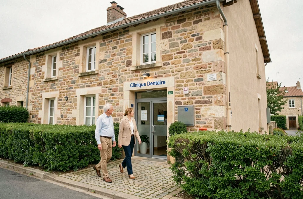 Façade de la Clinique Dentaire Meusnes dans un village du Loir-et-Cher avec des patients entrant dans le cabinet