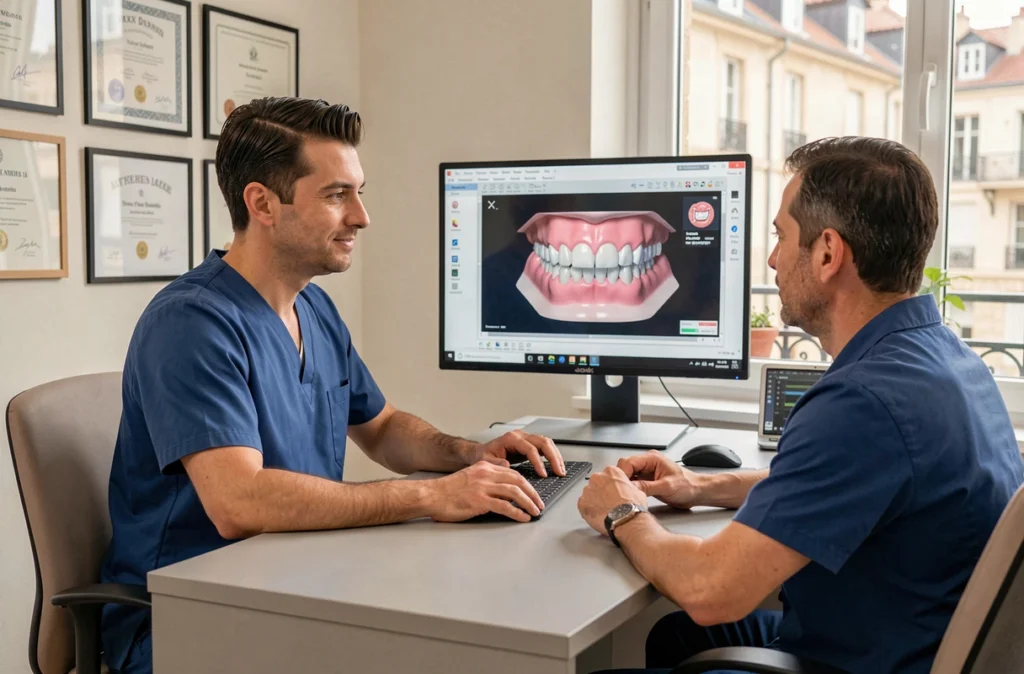 Orthodontiste homme en consultation avec un patient adulte devant une simulation dentaire 3D sur écran