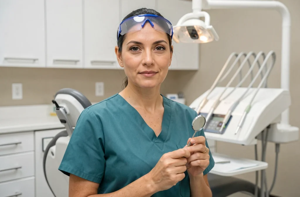 Le Dr Biljana Askovic, dentiste en blouse sarcelle, posant professionnellement dans son cabinet dentaire moderne
