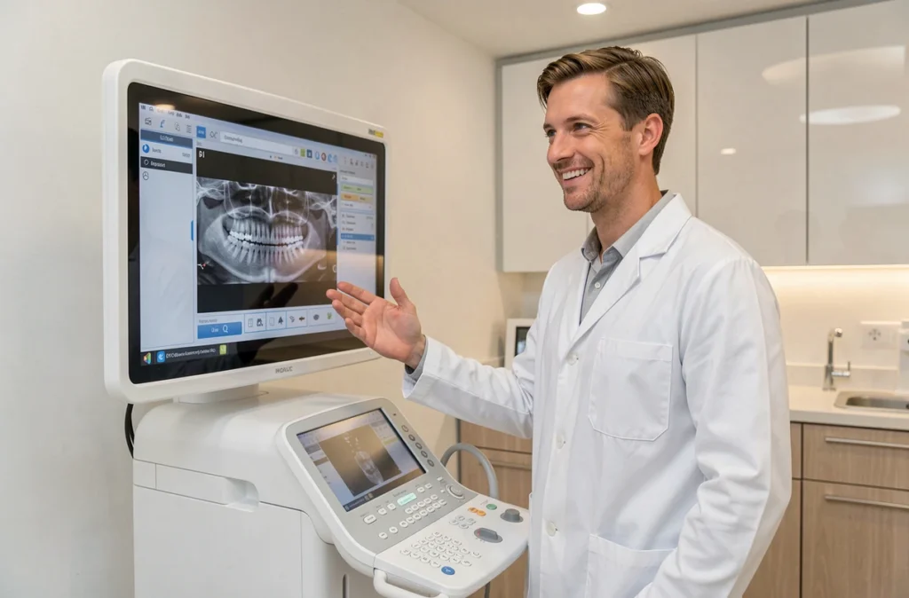 Jeune orthodontiste homme debout près d'un appareil de radiographie panoramique numérique dans son cabinet