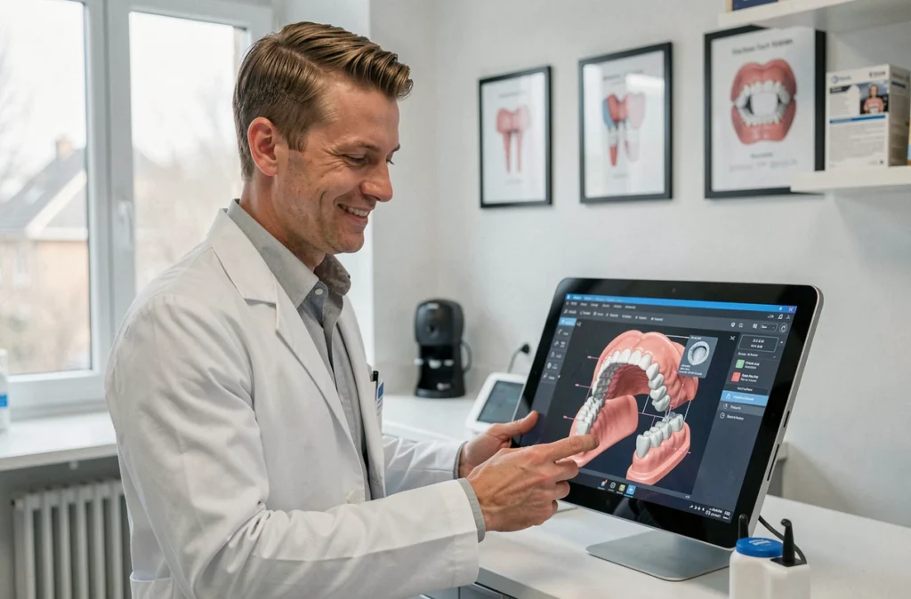 Jeune orthodontiste homme consultant des résultats de scan intra-oral 3D sur une station de travail numérique
