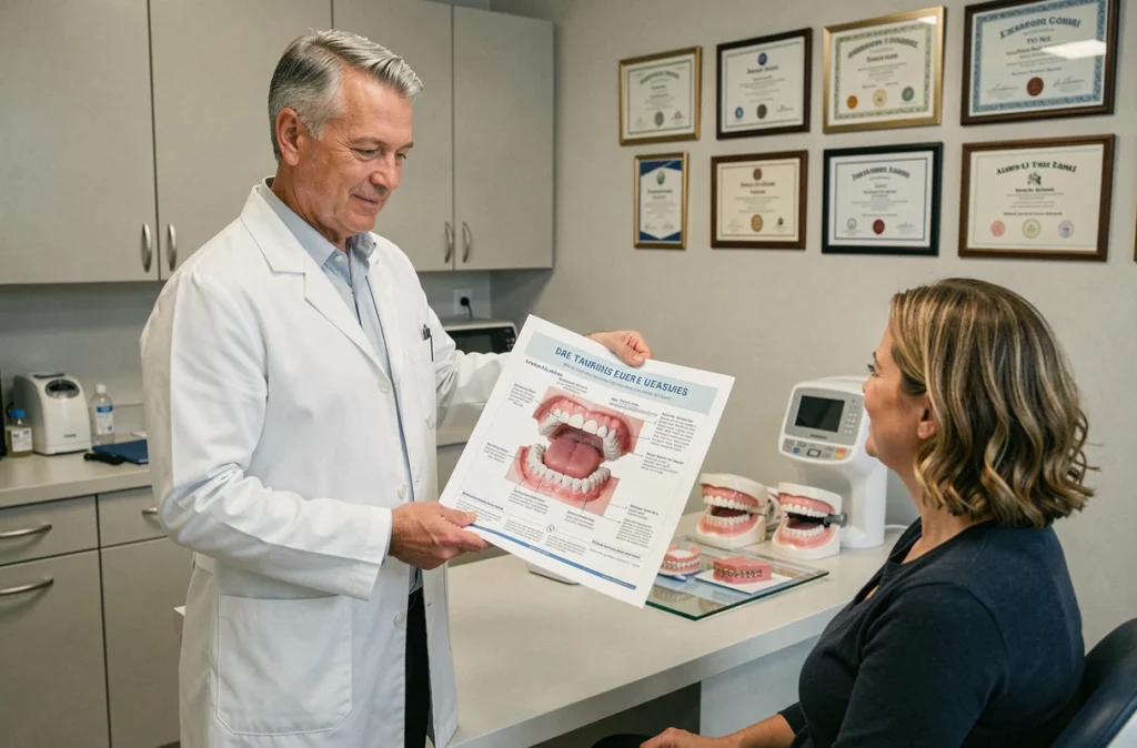 Orthodontiste homme d'expérience présentant un plan de traitement orthodontique détaillé à un couple de patients