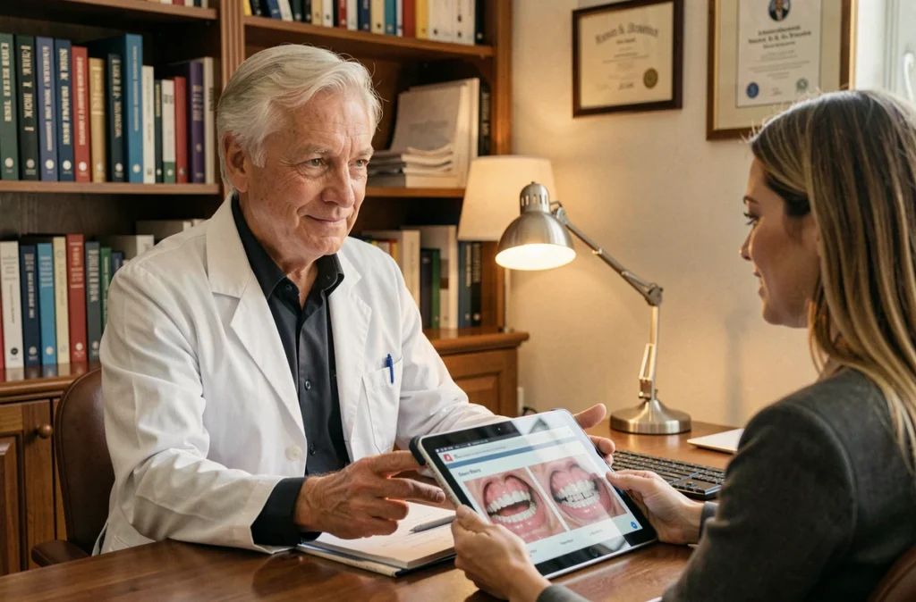 Orthodontiste homme cheveux blancs montrant des photos de résultats de traitement sur tablette à une patiente adulte