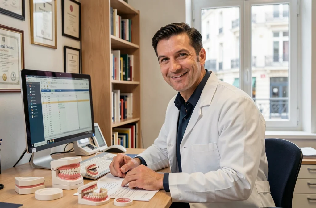 Orthodontiste homme aux cheveux courts examinant des modèles dentaires sur son bureau de consultation