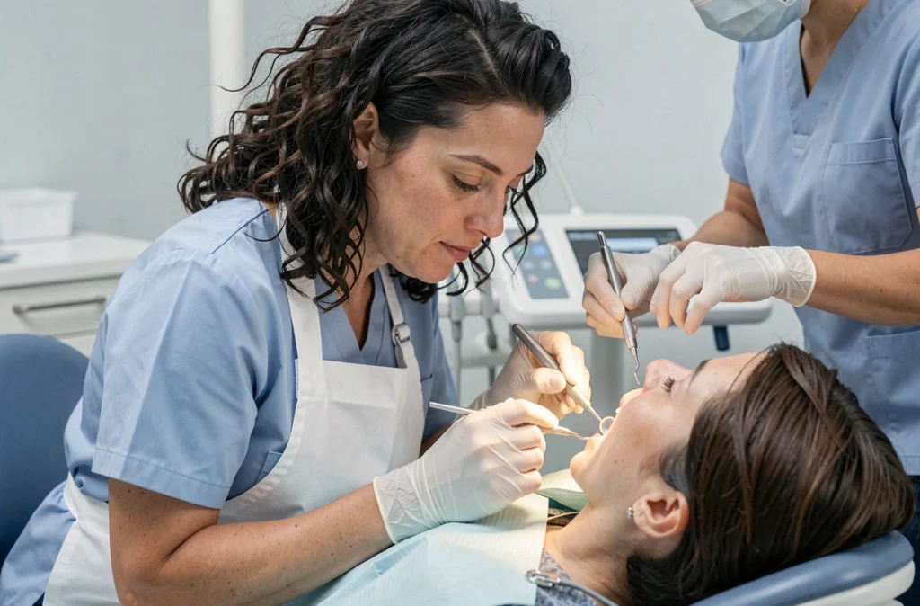 Le Dr Monica Barbu examinant un patient dans son fauteuil dentaire avec l'aide d'une assistante en arrière-plan