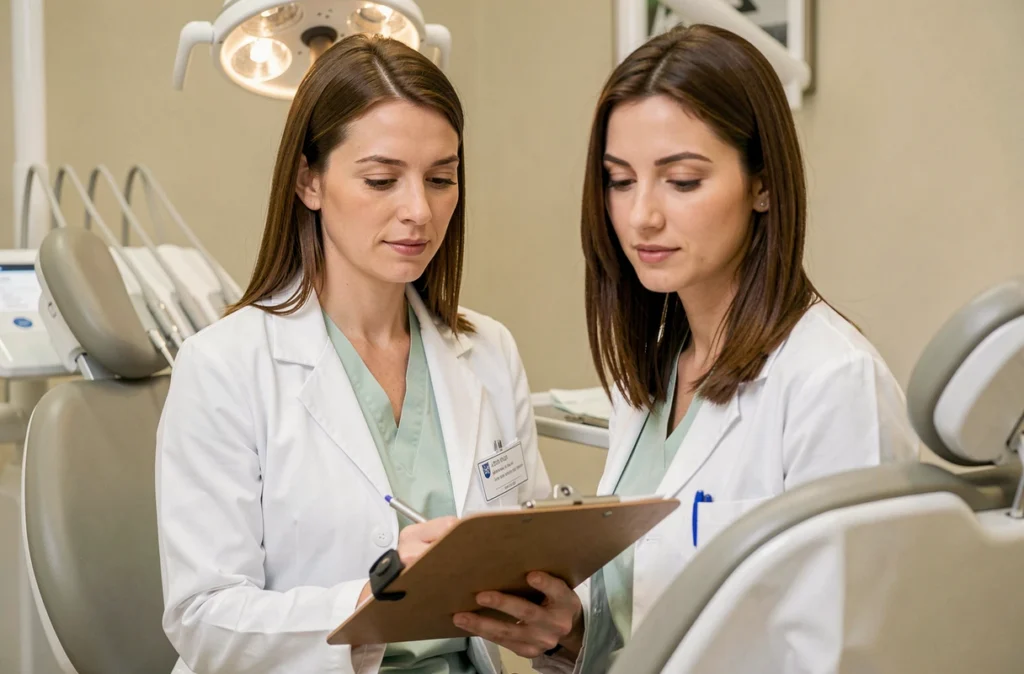Le Dr Monica Osan en blouse blanche assise dans son cabinet dentaire en train de consulter des notes médicales