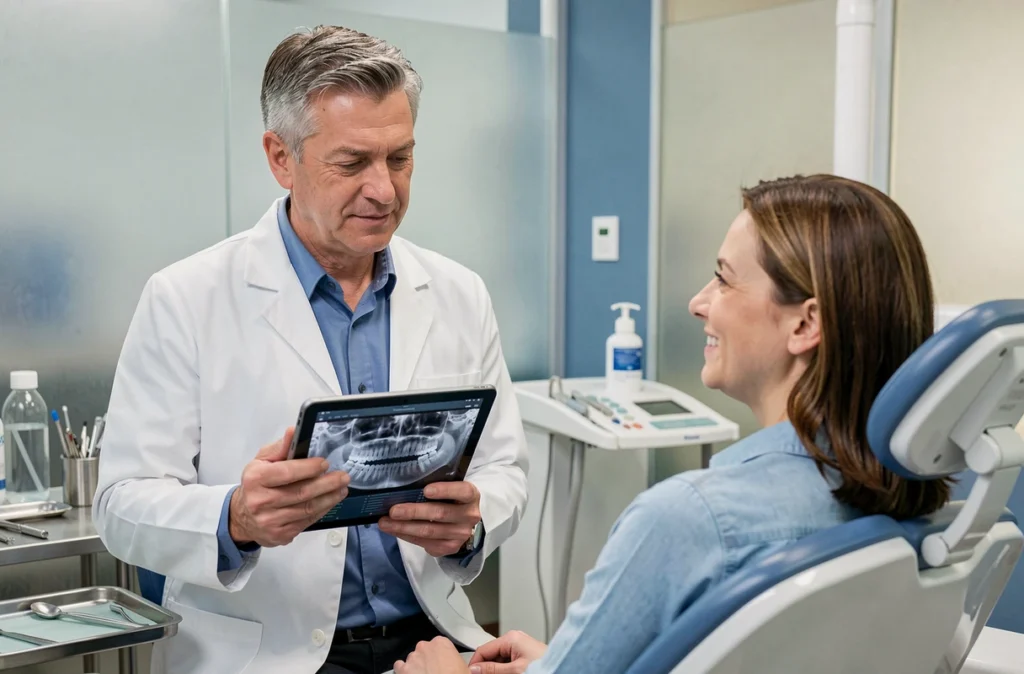 Orthodontiste homme d'une cinquantaine d'années consultant une patiente adulte dans son cabinet moderne