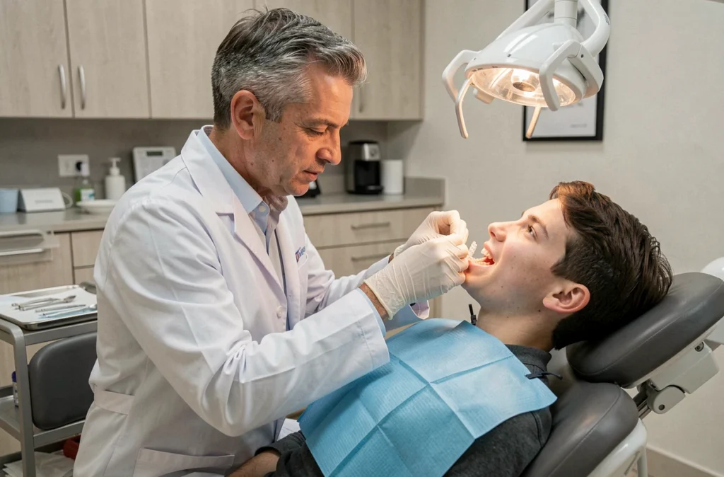 Orthodontiste homme posant des aligneurs sur un patient adolescent dans un cabinet orthodontique moderne