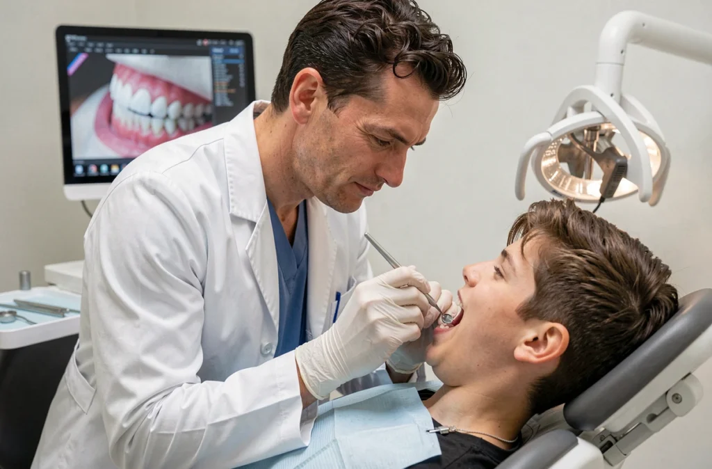Orthodontiste homme aux cheveux bouclés examinant attentivement la dentition d'un patient adolescent