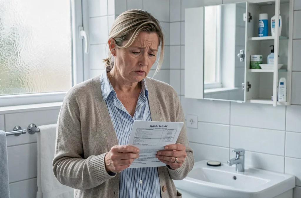 Femme d'âge mûr dans une salle de bain moderne lisant une fiche médicale, représentant les démarches d'information avant une consultation pour des urines anormales