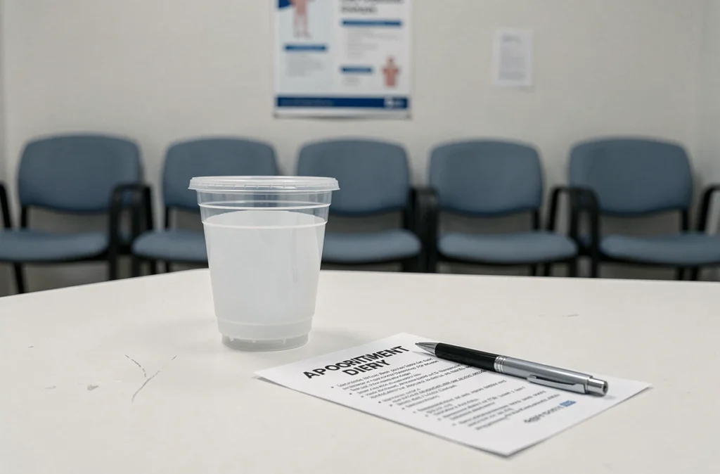 Gobelet médical et bon de rendez-vous posés sur un comptoir de salle d'attente, symbolisant la préparation à une consultation médicale pour des urines contenant du sang