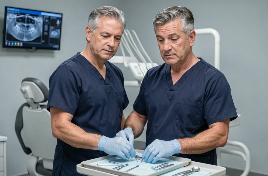 Jean-Marie Motheron, chirurgien-dentiste en blouse marine, préparant des instruments dans son cabinet dentaire