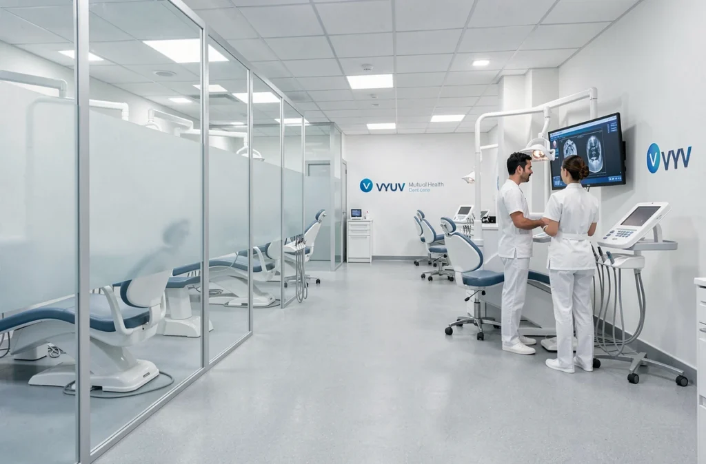 Espace clinique ouvert du centre VYV Dentaire de Blois avec des professionnels de santé devant un écran de radiographie