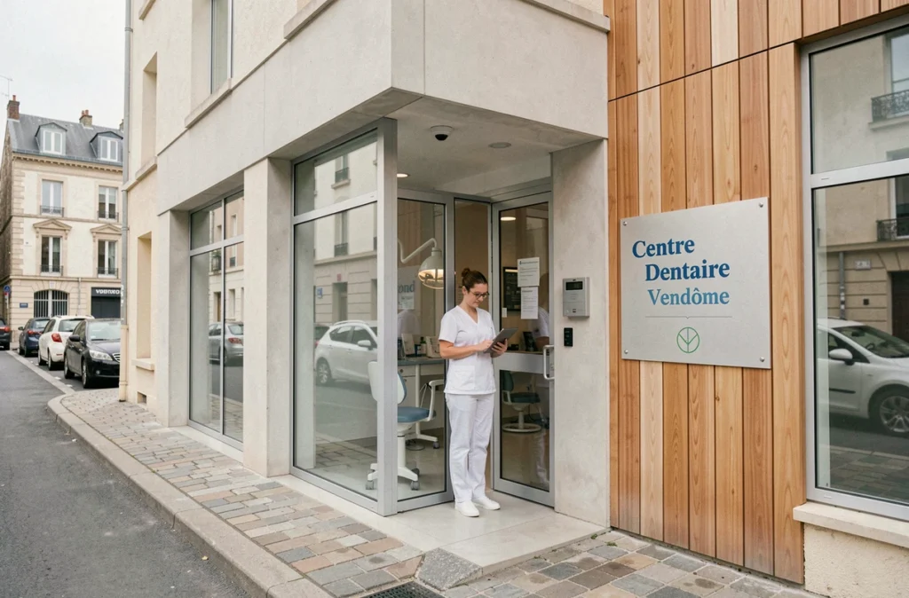 Entrée du centre VYV Dentaire de Vendôme avec un membre du personnel en blouse blanche tenant une tablette