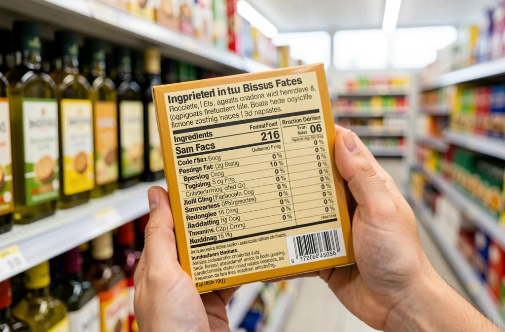 Lecture de la liste d'ingrédients d'un paquet de biscuits au supermarché