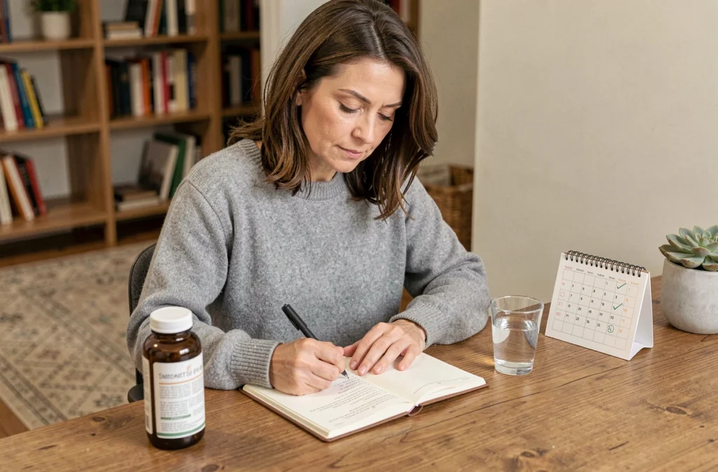 Femme suivant les résultats d'une cure de compléments alimentaires dans un journal de bien-être